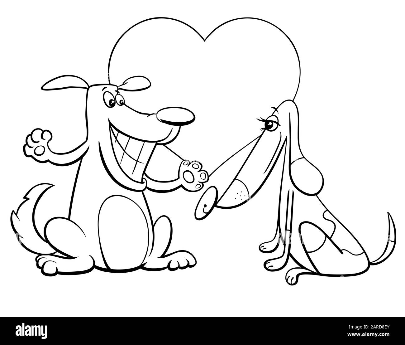 Schwarz-weiß Valentines Day Grußkarte Cartoon Illustration mit Lustigen Hundepaar-Figuren auf der Seite "Love Coloring Book" Stock Vektor