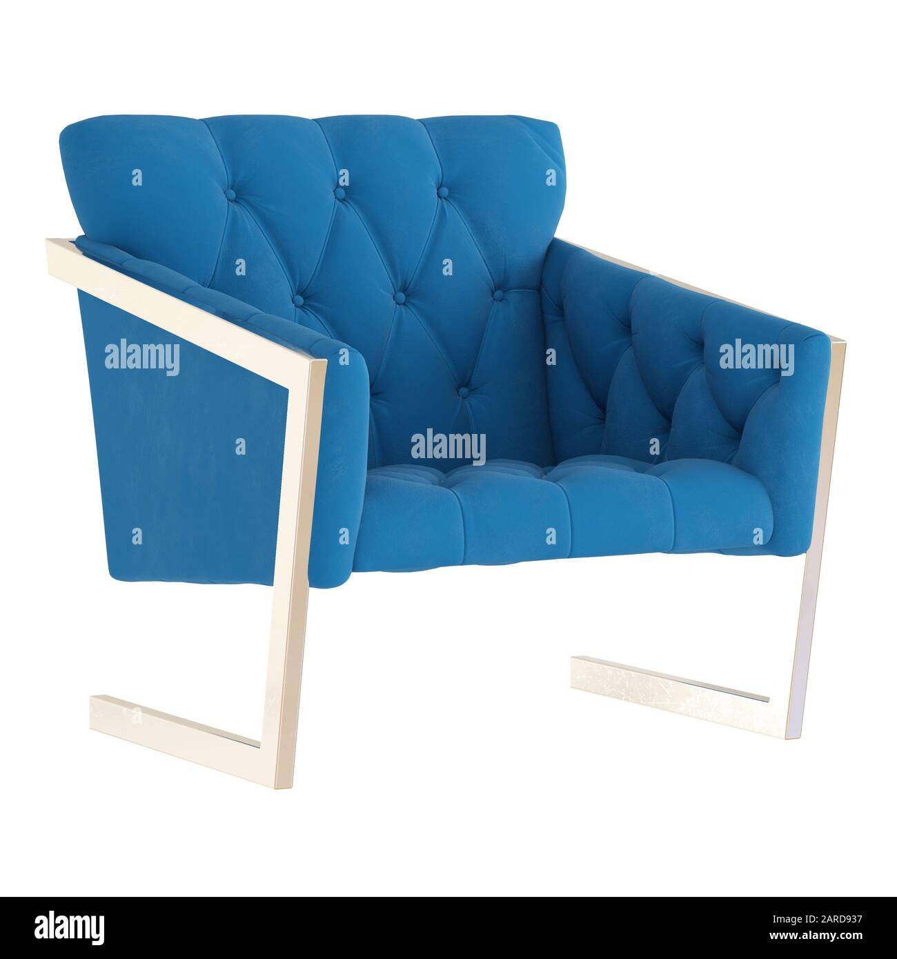 Weicher, blauer gesteppter Stuhl auf weißem Hintergrund. 3D-Rendering Stockfoto