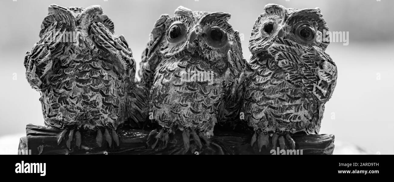 Nahaufnahme von drei ornamentalen Eulen, die das Sprichwort darstellen.Sehen Sie kein Übel.Hören Sie kein Übel.Sprechen Sie kein Übel. Stockfoto