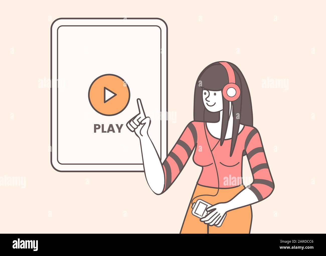 Vektorgrafiken der Media Player-App. Radio, mobile Anwendung, Smartphone mit Wiedergabetaste auf dem Bildschirm. Lächelnder Musikliebhaber, Frau mit Radioreceiver und Kopfhörer isolierter flacher Konturzug Stock Vektor