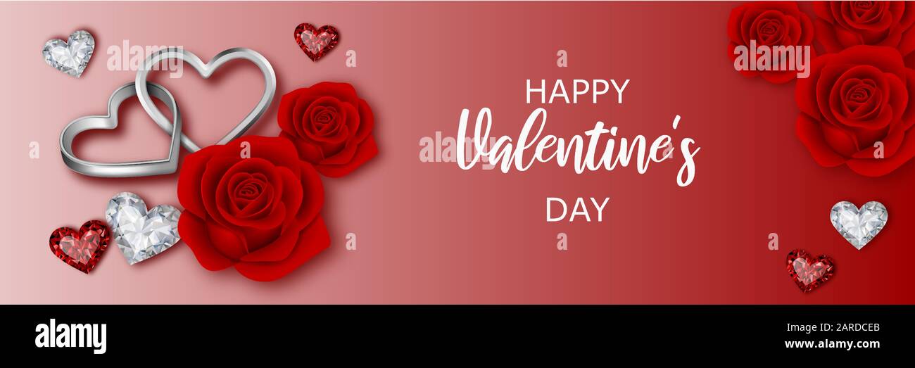 Valentinstag Banner mit verschlungenen herzförmigen Ringen, Diamanten und roten Rosen Stock Vektor