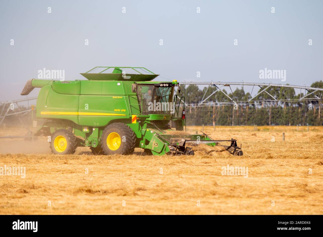 Canterbury, Neuseeland, 26. Januar 2020: Ein Mähdrescher von John Deere trennt die Saat von den auf einem landwirtschaftlichen Feld geschnittenen Ryegrasen Stockfoto