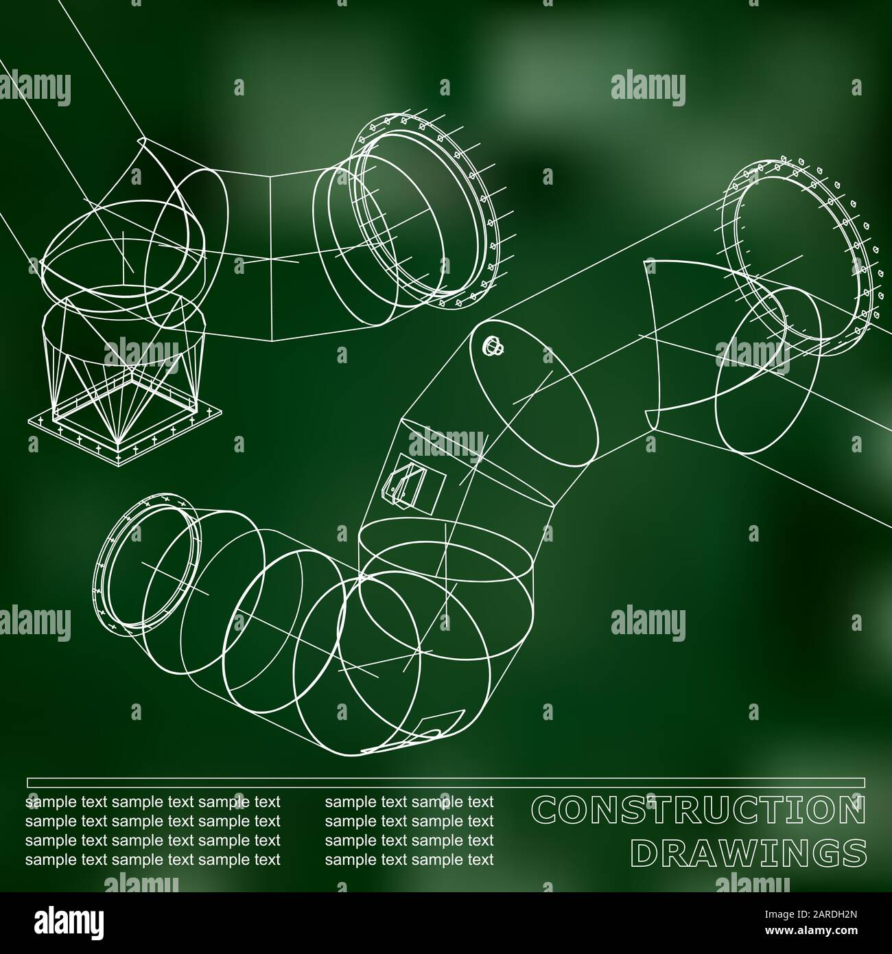 Grüner Hintergrund. Zeichnungen von Stahlkonstruktionen. Rohre und Rohre. 3D-Blaupause von Stahlkonstruktionen. Hintergrund für Ihr Design Stock Vektor