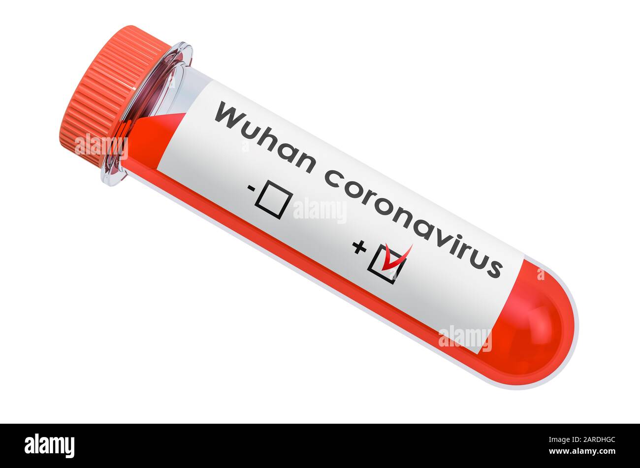 Chinesisches Coronavirus. Reagenzglas mit positiver Blutprobe mit Wuhan Coronavirus, 3D-Rendering isoliert auf weißem Hintergrund Stockfoto