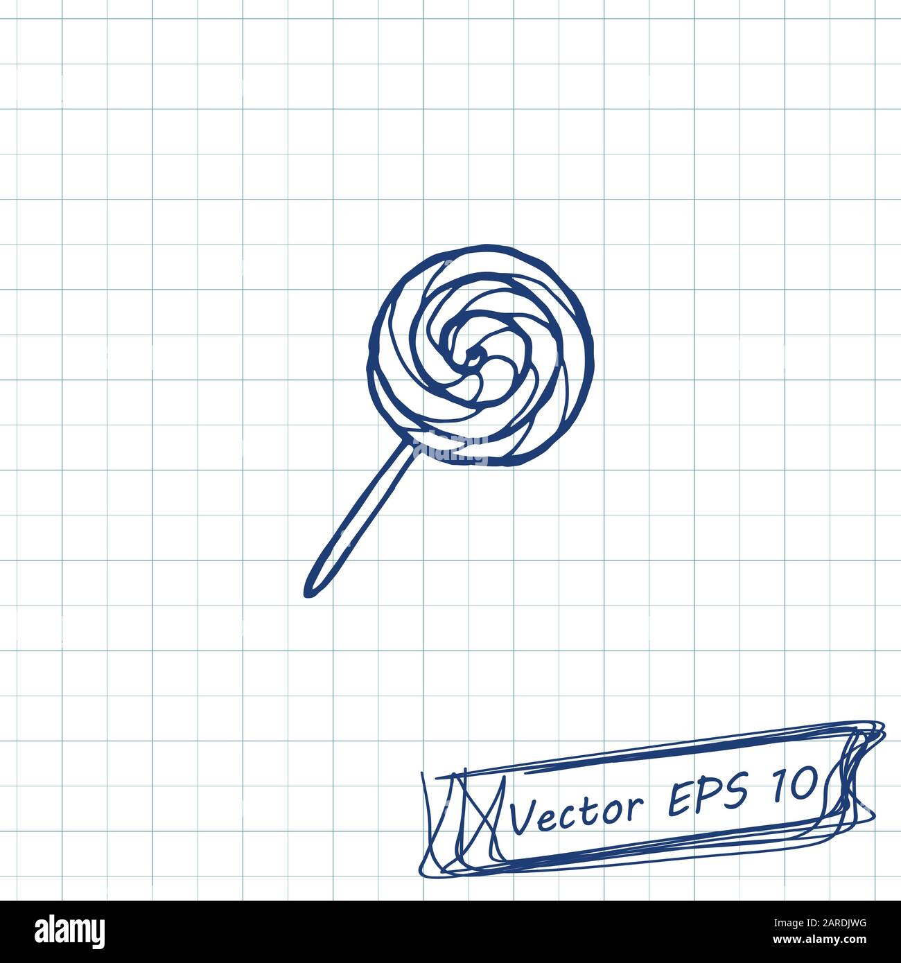 Stil der Kinderzeichnung. Zeichnung von Doodle auf einem Notizbuchblatt. Süßigkeiten auf dem Stock. Kontur Stock Vektor