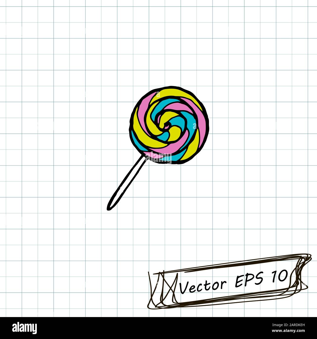 Stil der Kinderzeichnung. Zeichnung von Doodle auf einem Notizbuchblatt. Süßigkeiten auf dem Stock Stock Vektor