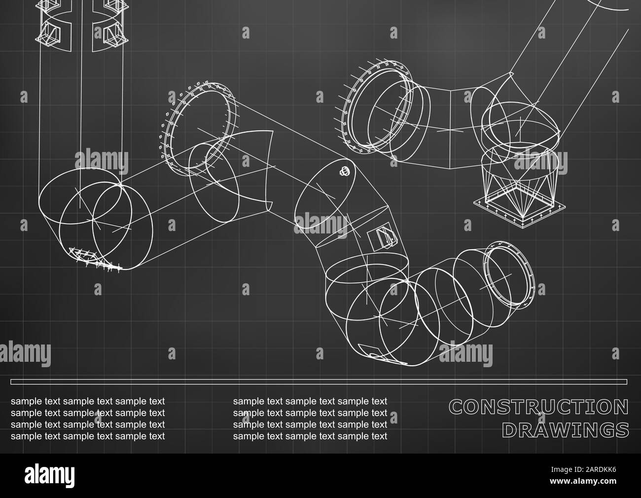 Zeichnungen von Stahlkonstruktionen. Rohre und Rohre. 3D-Bauplan der Strukturen. Cover, Hintergrund für Ihr Design. Schwarzer Hintergrund. Raster Stock Vektor