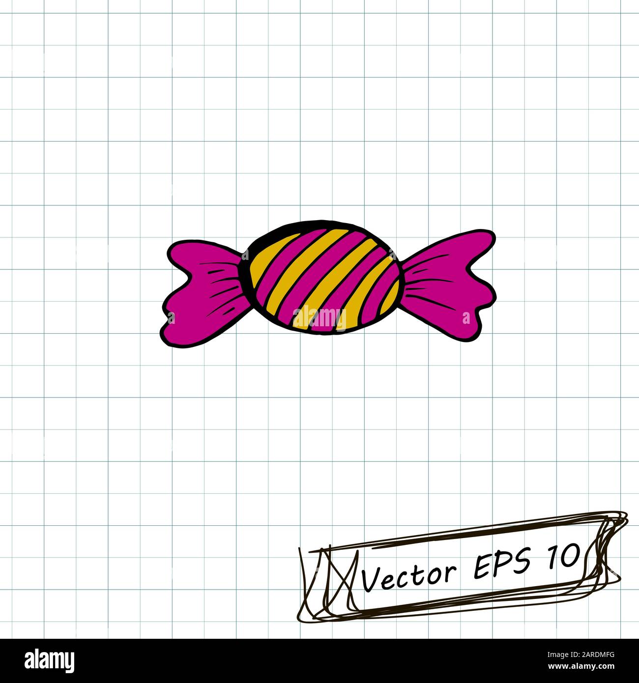 Stil der Kinderzeichnung. Zeichnung von Doodle auf einem Notizbuchblatt. Süßigkeiten Stock Vektor