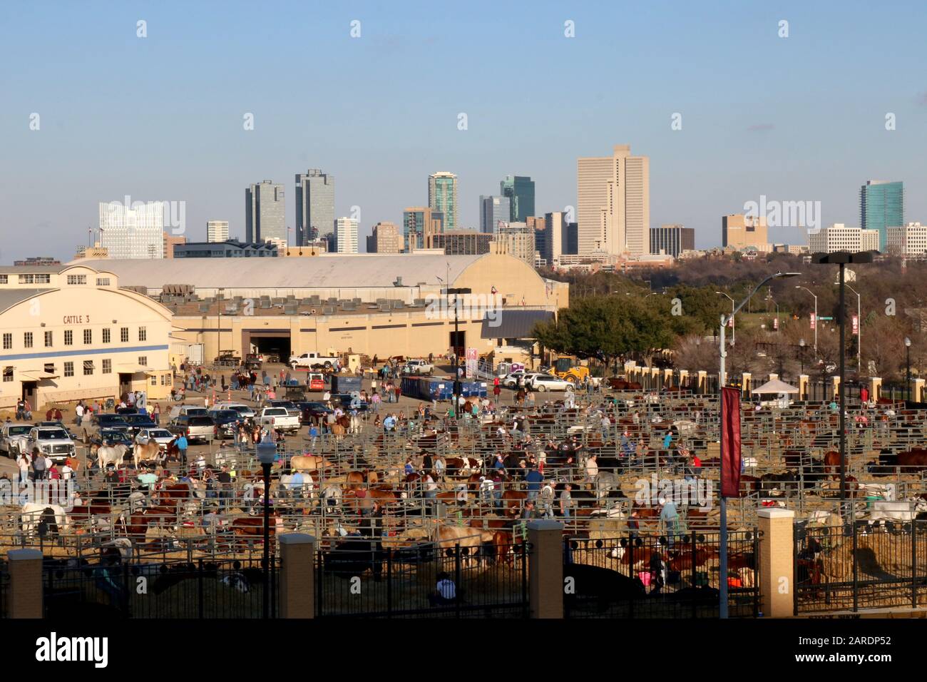 Geschäftiges Gelände der Stock-Show und Rodeo in Fort Worth mit der Skyline der Stadt im Hintergrund Stockfoto