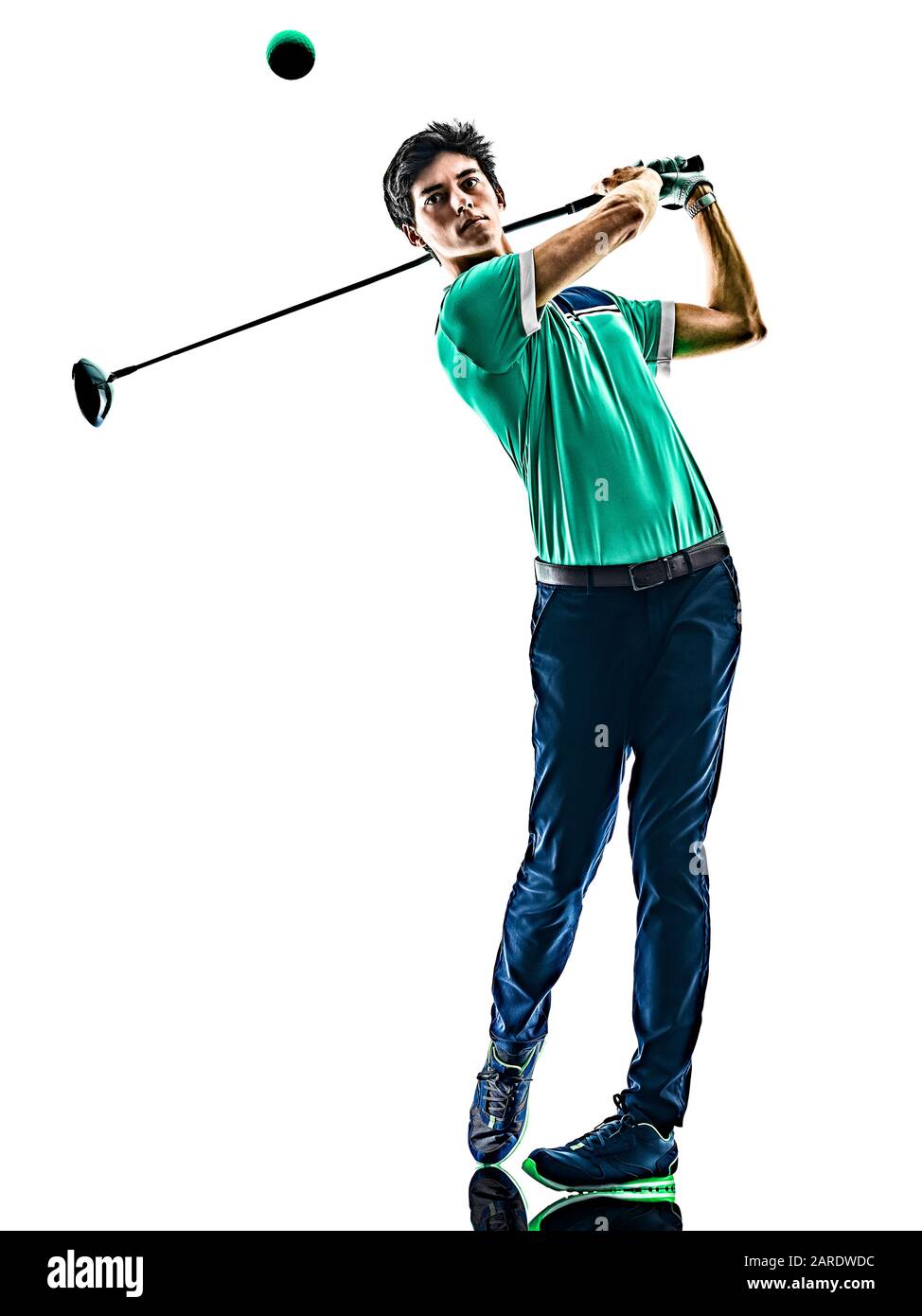 Einen jungen kaukasischen Mann Golf Golfspieler Golfen auf weißem Hintergrund Stockfoto