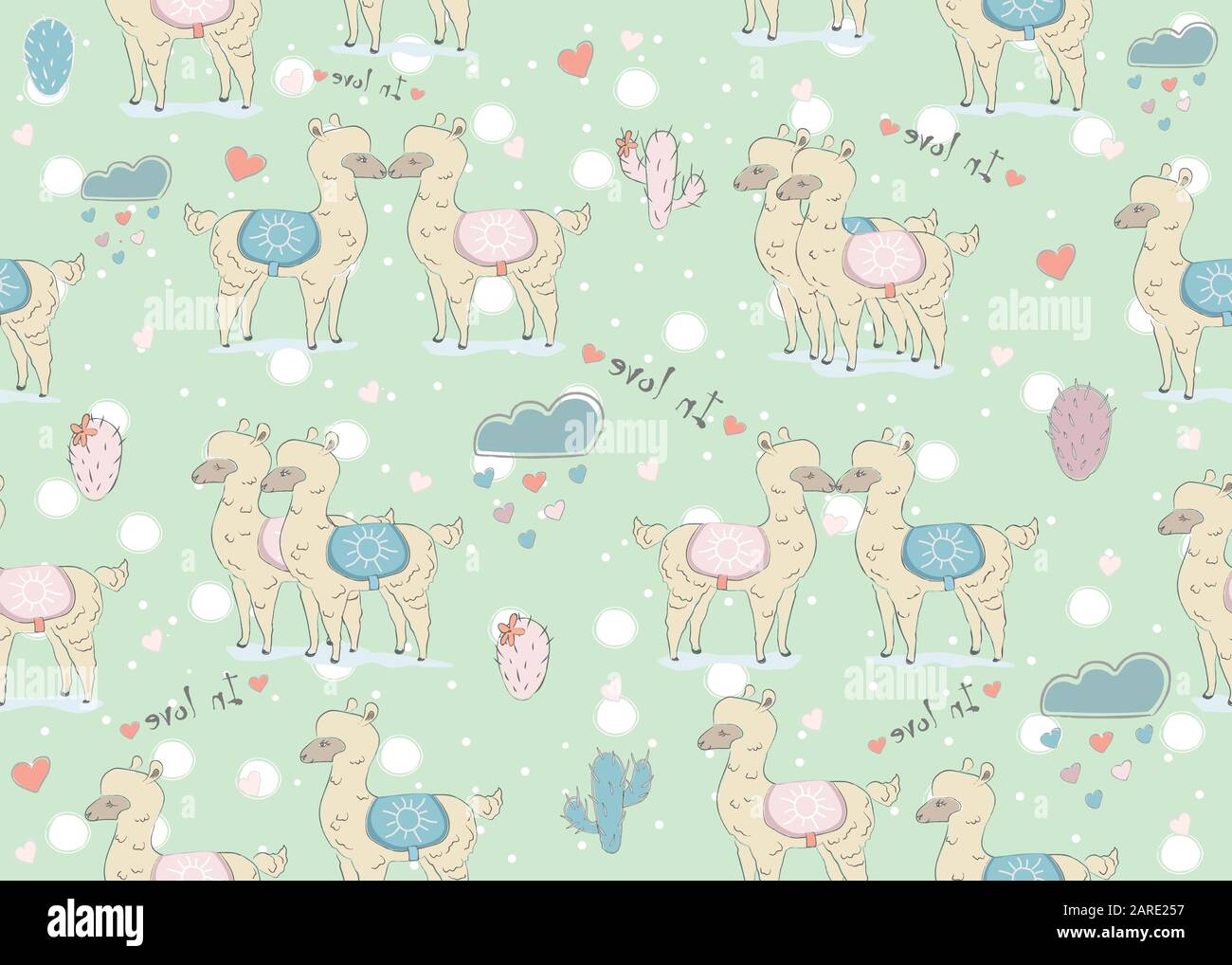 Nahtlose Weiß Lama Muster auf dunklem Hintergrund mit Wolken mit Herzen und Kakteen. Saint Valentine's Day. Hand gezeichnet, im skandinavischen Stil. Vektor Illust Stock Vektor