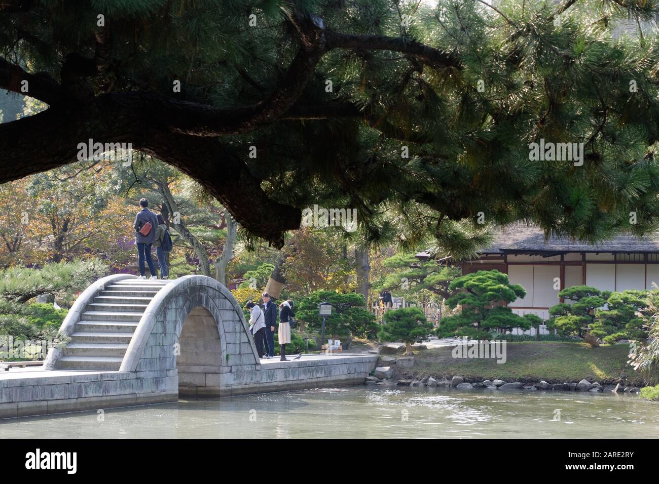 Shukkei-en Garden (Garten mit gesunkener Landschaft), Hiroshima, Japan, ein traditioneller japanischer Garten Stockfoto