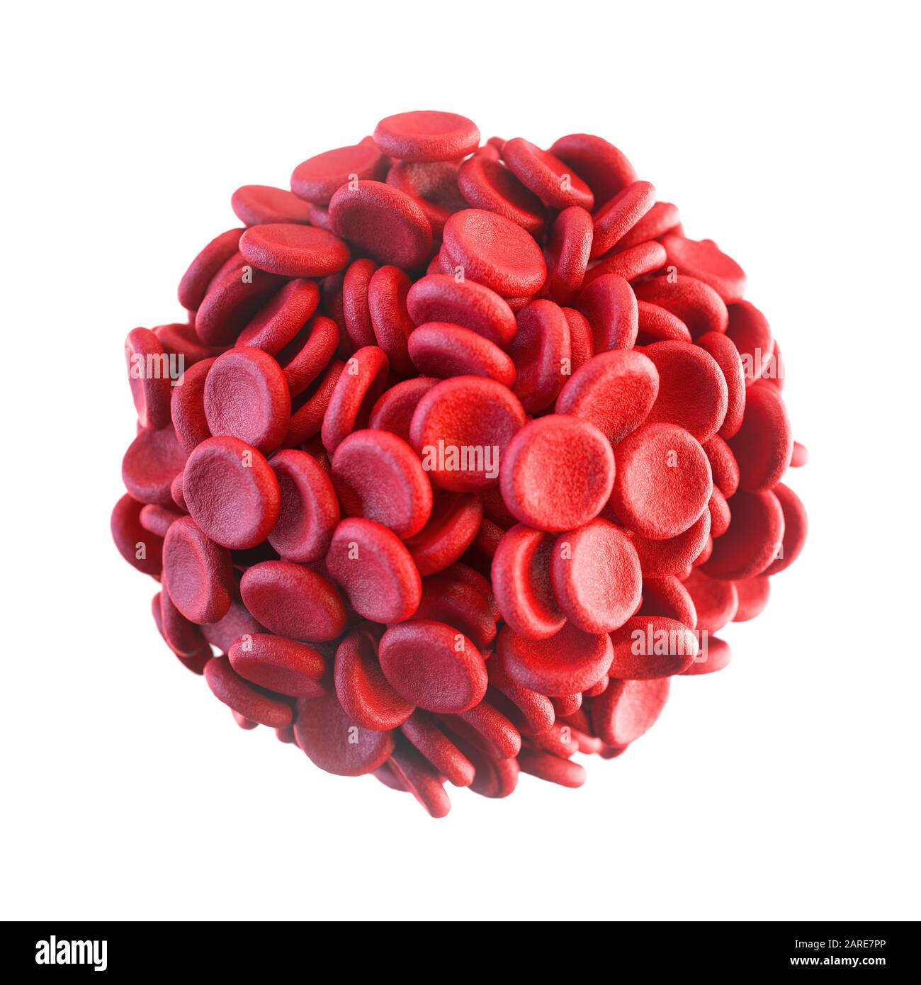 Rote Blutkörperchen auf weißem Hintergrund gruppiert. 3D-Abbildung, konzeptionelles Bild. Stockfoto