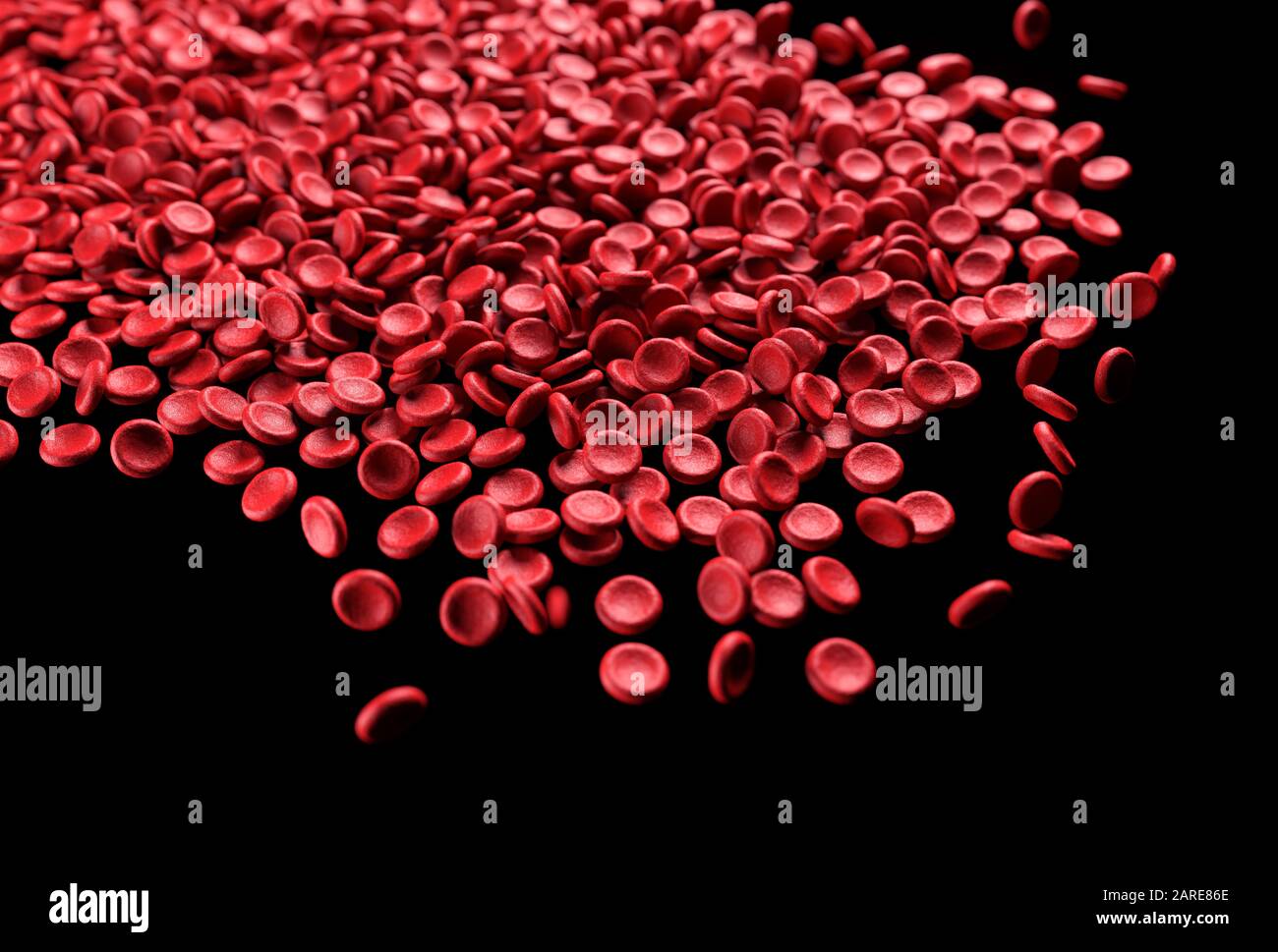 Rote Blutkörperchen verschüttet auf schwarzem Hintergrund. 3D-Abbildung, konzeptionelles Bild. Stockfoto