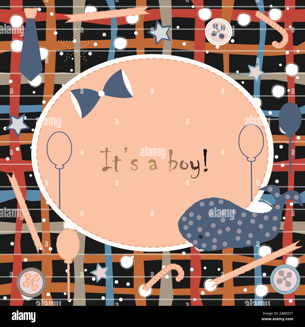 Baby Geburt Ansage. Baby-dusche-Einladung Karte. Cute Wal kündigt die Ankunft des Jungen. Card Design auf Teal Hintergrund mit Bändern, Riegel, b Stock Vektor