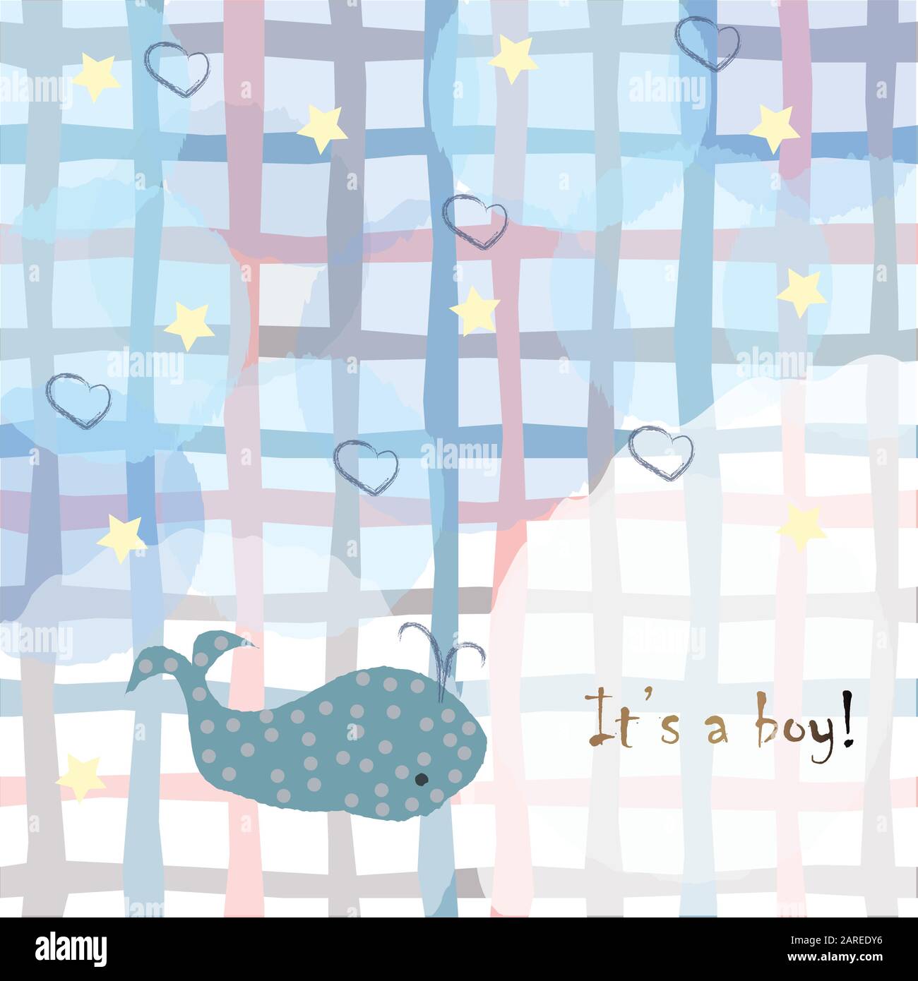 Baby Geburt Ansage. Baby-dusche-Einladung Karte. Cute Wal verkündet die Ankunft eines Jungen. Card Design mit Gold blau Nachricht. Blau Bac Stock Vektor