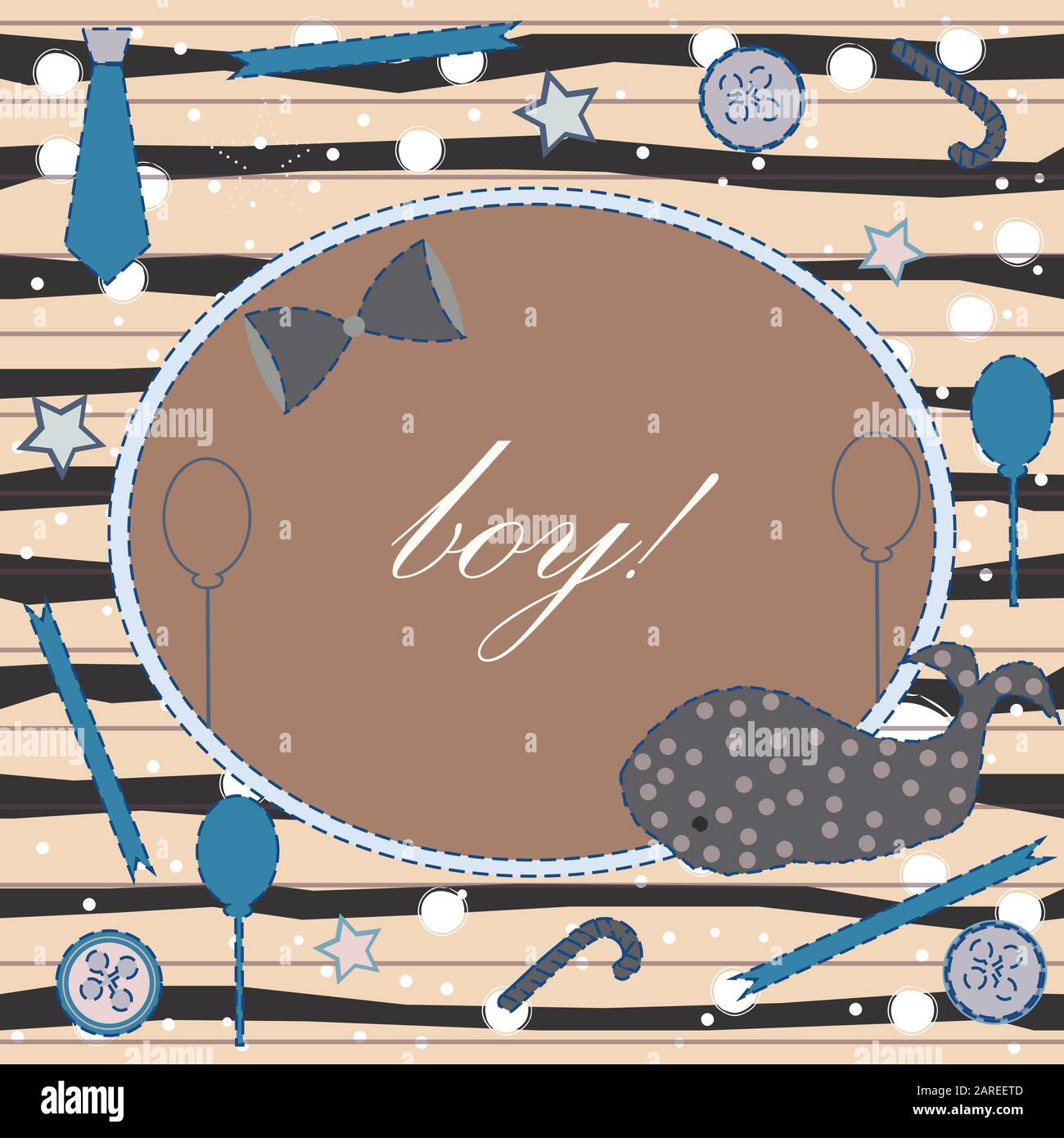 Baby Geburt Ansage. Baby-dusche-Einladung Karte. Cute Wal kündigt die Ankunft des Jungen. Card Design auf Teal Hintergrund mit Bändern, Riegel, b Stock Vektor