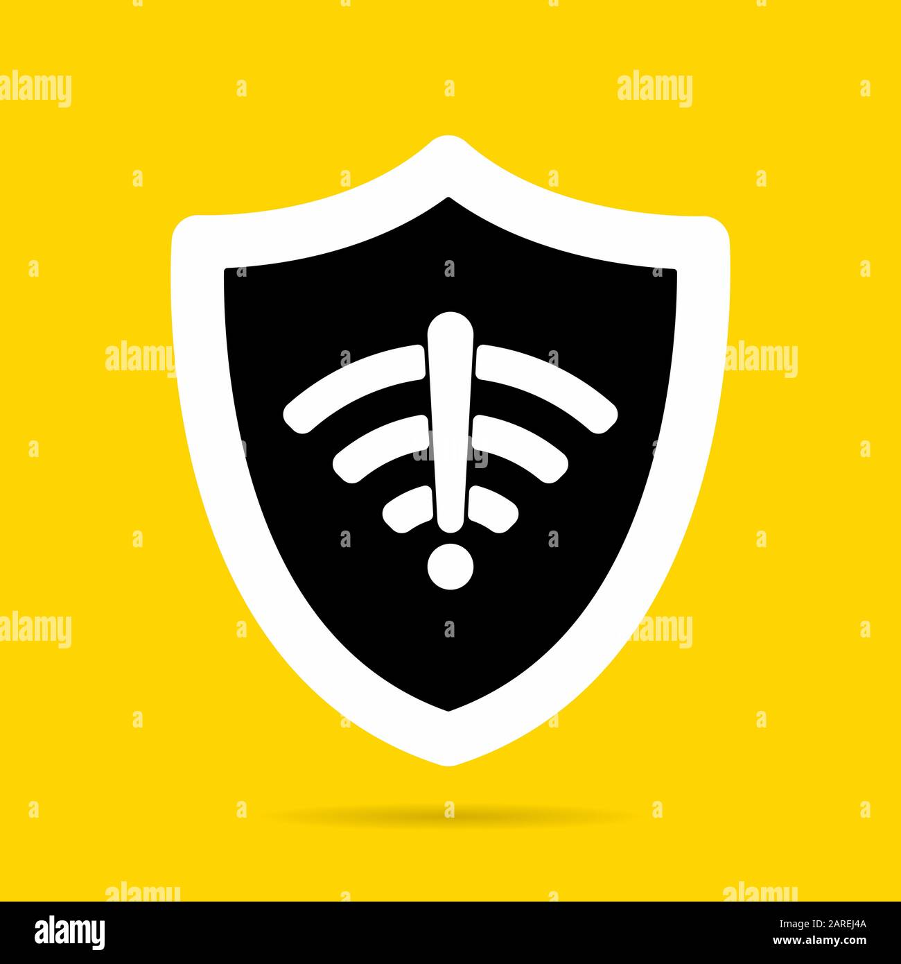 Wireless-Schutzabdeckung ohne wi-fi-Symbol - Vektor-Abbildung mit flachem Design. WiFi-Internet-Signalsymbole im Schutzschild isoliert auf gelbem Hintergrund. Stock Vektor
