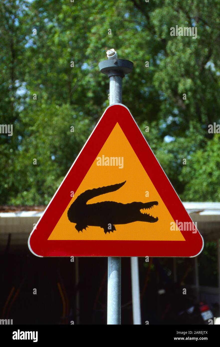 Varning för krokodiler, Emmylund, Upplands Vänsby. Stockfoto
