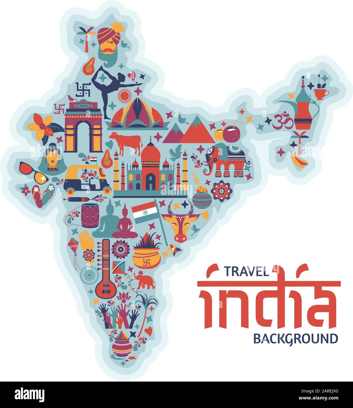 Traditionelle Symbole in Form einer Karte Indiens auf Blau Stock Vektor