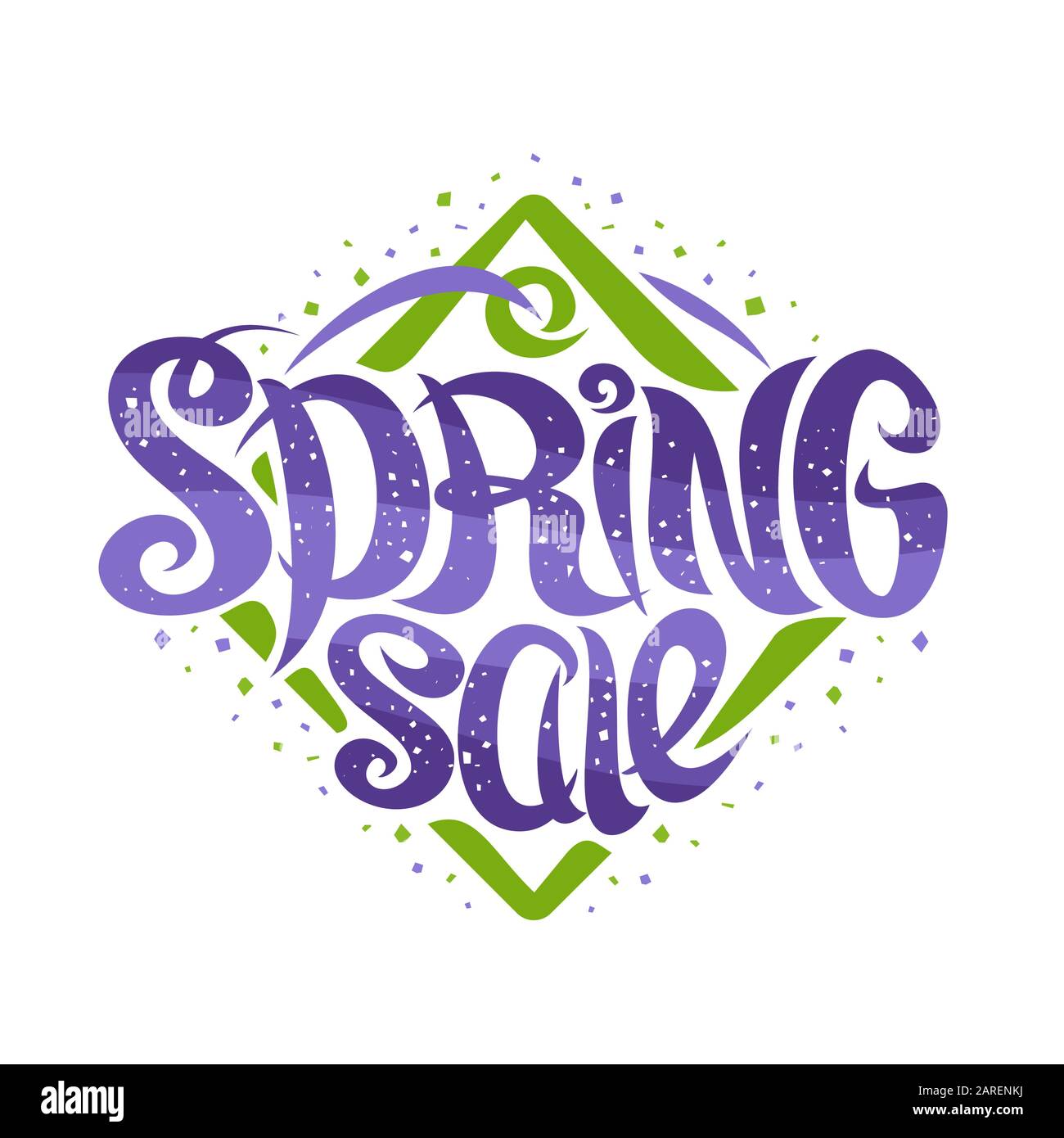 Vector Logo für Spring Sale, geschweifte Kalligraphische Schrift mit dekorativen Elementen, saisonales Emblem mit Rhombus-Form für die Frühlingssammlung mit wirbelndem Trend Stock Vektor