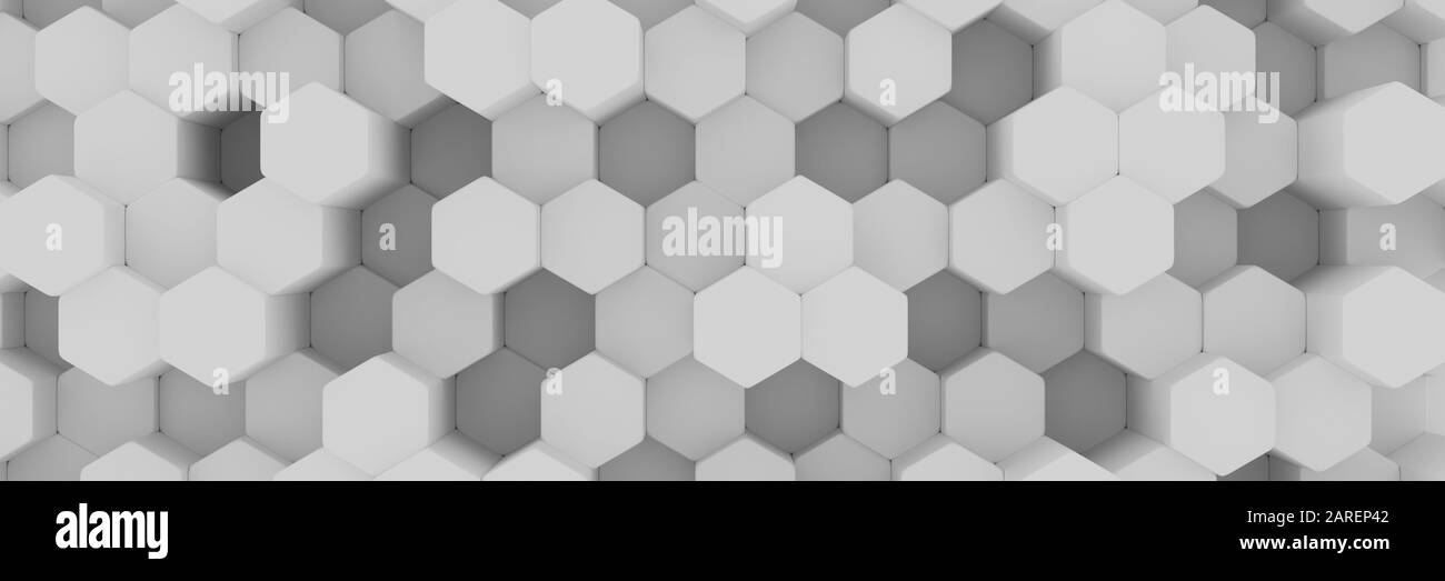 Weiße Wabenwand. Chaotische Cubes Wandhintergrund. Panorama mit hochauflösendem Hintergrundbild. 3D-Renderdarstellung Stockfoto