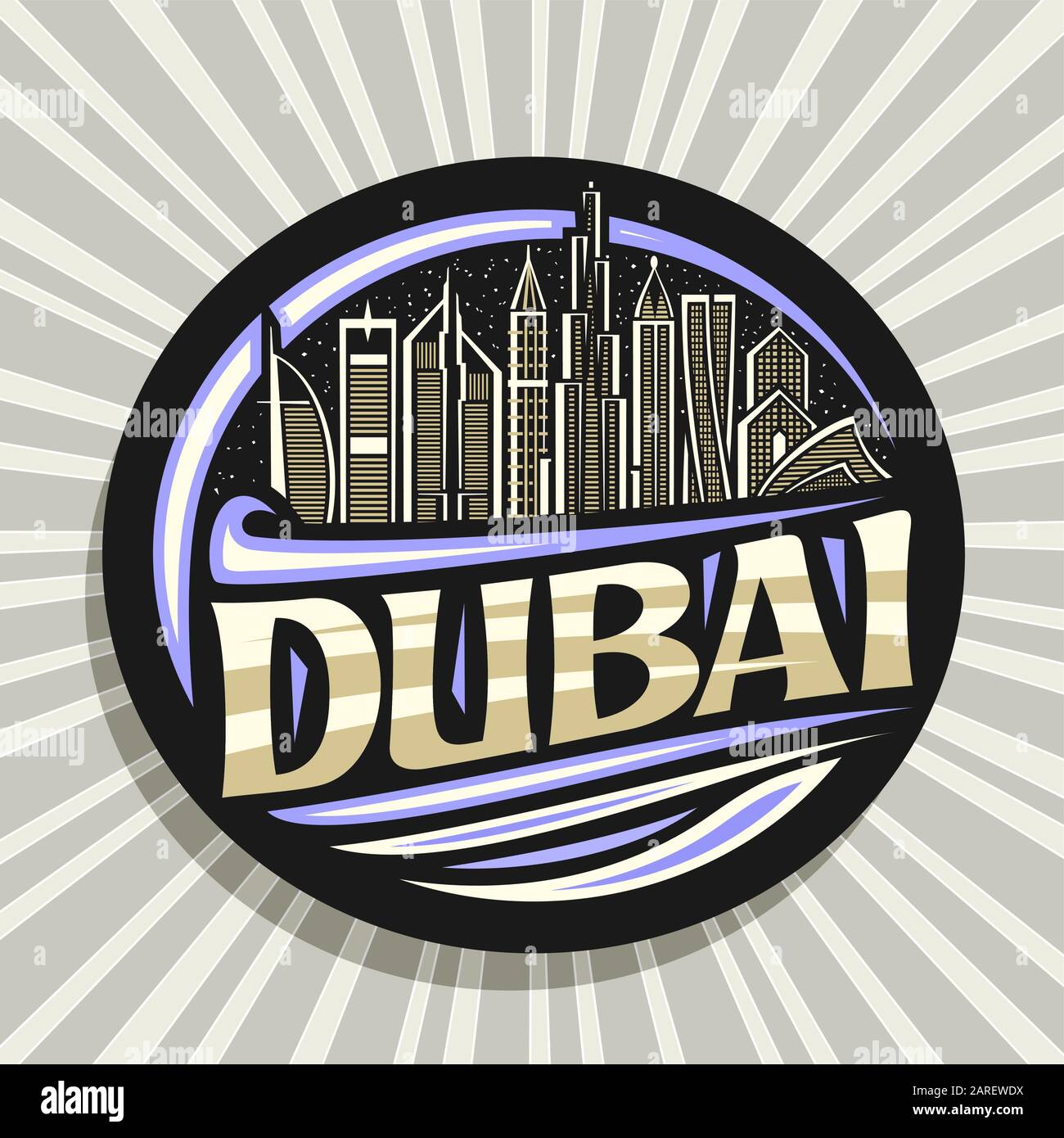 Vektorlogo Fur Dubai Schwarzer Dekorativer Rundsticker Mit Zeichnerischem Bild Des Modernen Dubai Stadtbildes Auf Abendhimmelhintergrund Dunkler Touristenkuhlschrank Stock Vektorgrafik Alamy
