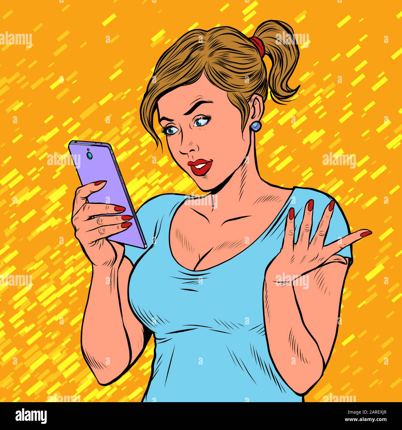 Eine junge Frau mit Smartphone. Techniken und Gadgets Stock Vektor