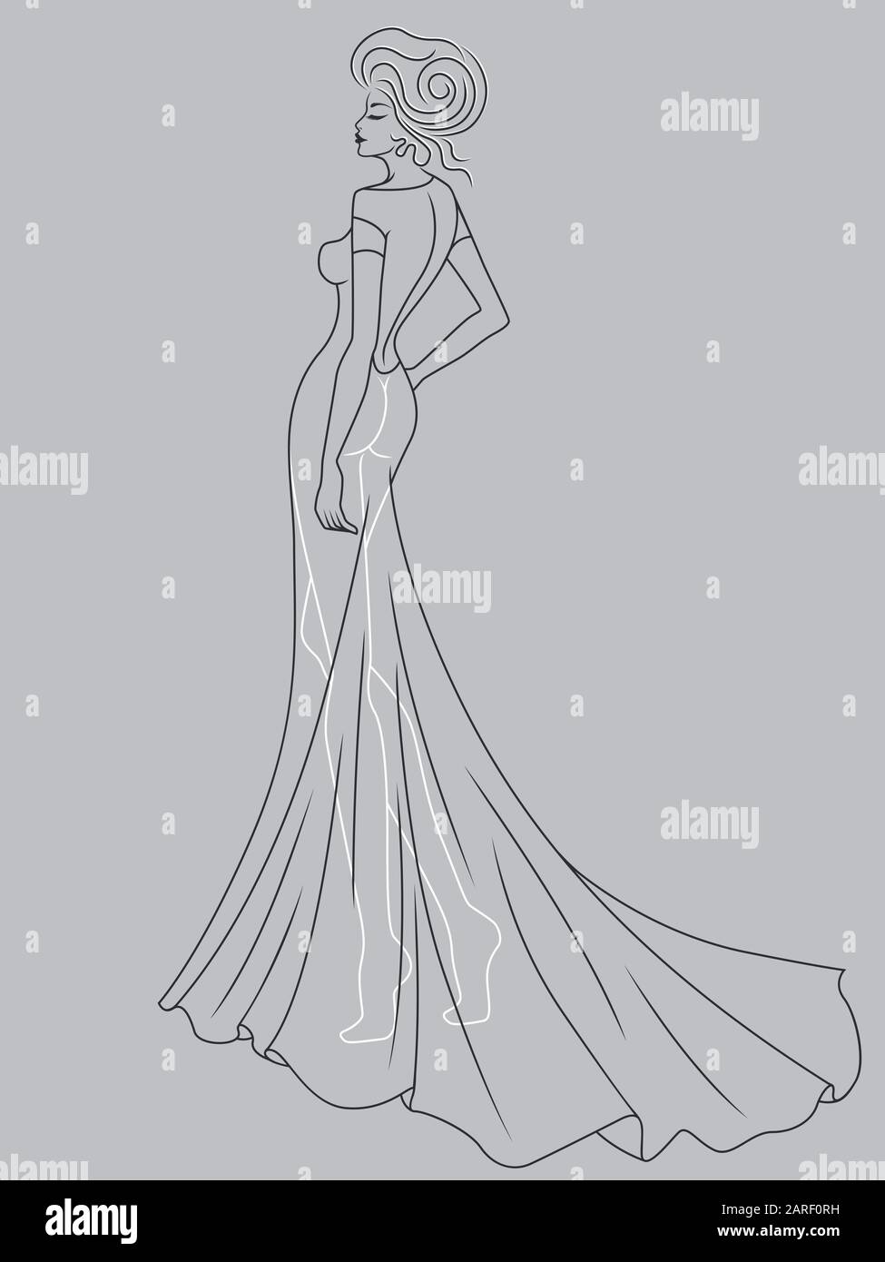 Abstrakter Umriss der charmanten und anmutigen Dame in einem raffinierten Abendkleiderdesign, isoliert auf dem gedämpften blaugrauen Hintergrund Stock Vektor