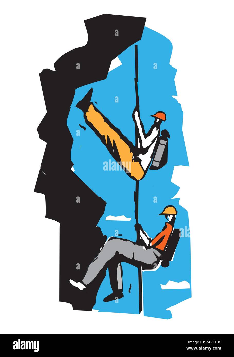 Zwei Kletterer auf einem Seil Cartoon Zwei Kletterer in den Felsen.Stilisierte Illustration imitierend Linocut. Vektor verfügbar Stock Vektor