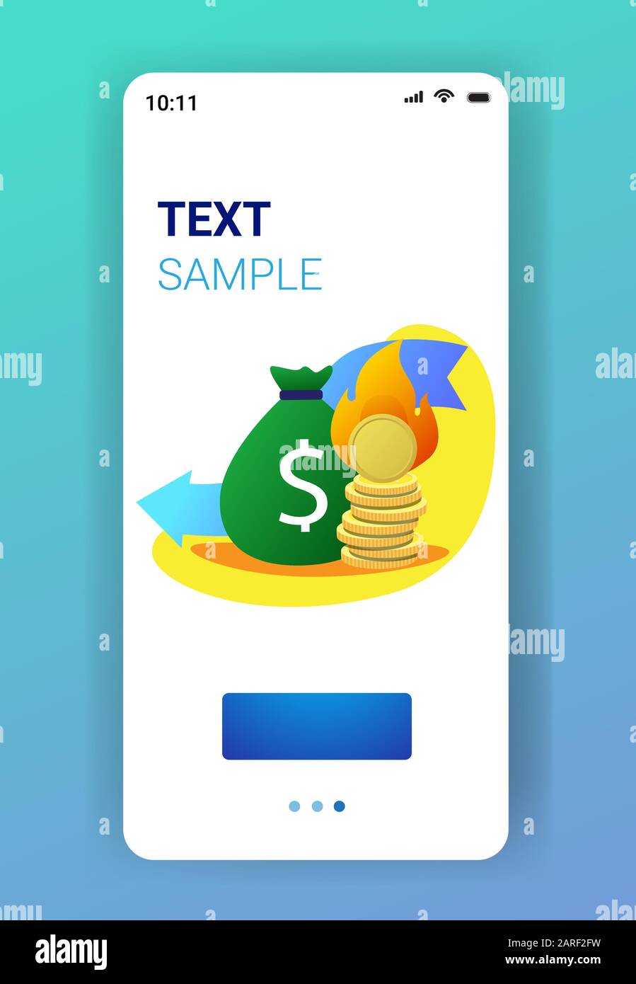 Flammende Geldbeutel und Münzen stapeln sich mit Feuer nach unten Wirtschaftspfeil Finanzkrise bankrott Investition Scheitern Risiko Konzept Smartphone Bildschirm mobile App vertikale Vektordarstellung Stock Vektor