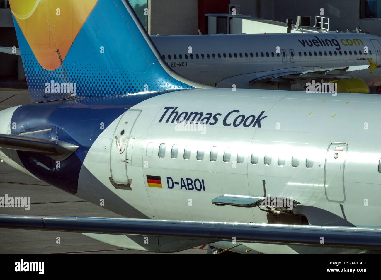 Thomas Cook-Flugzeug auf der Landebahn, Flughafen Palma de Mallorca Spanien Stockfoto