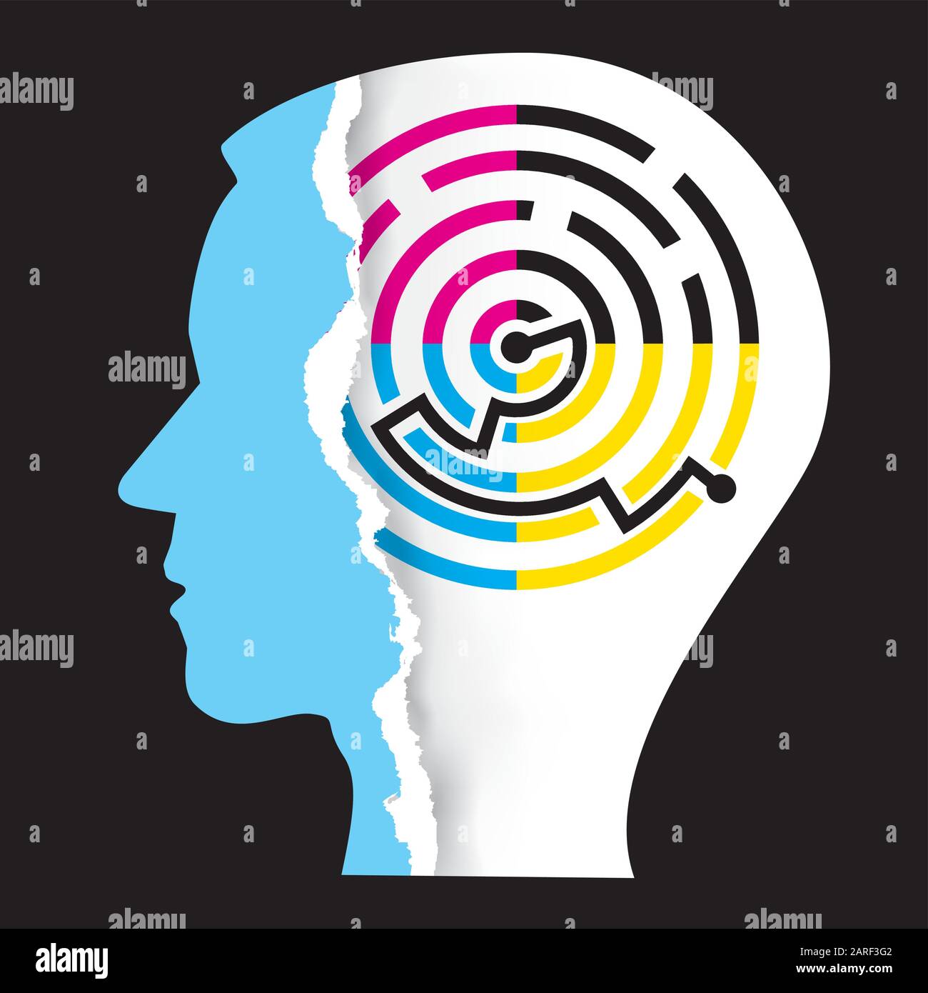 Lösungen für Druckfarben mit Männerkopf. Silhouette mit männlichem Kopf und Labyrinth. Konzept zur Präsentation des Farbdrucks. Vektor verfügbar. Stock Vektor