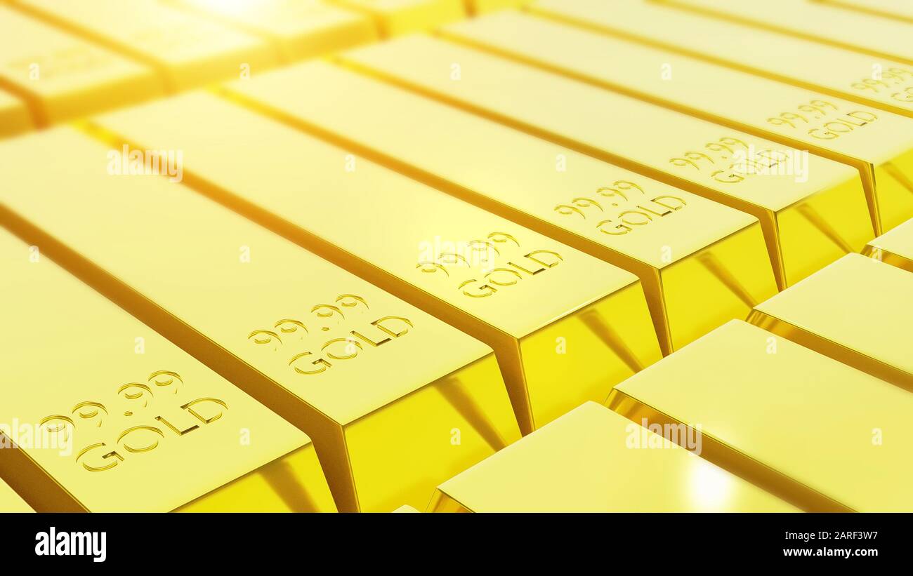 Stapeln Sie Nahaufnahme von reinen Goldbarren, die in Überfluss angeordnet sind, 3D-Rendering. Gold Invest Handelskonzept Stockfoto