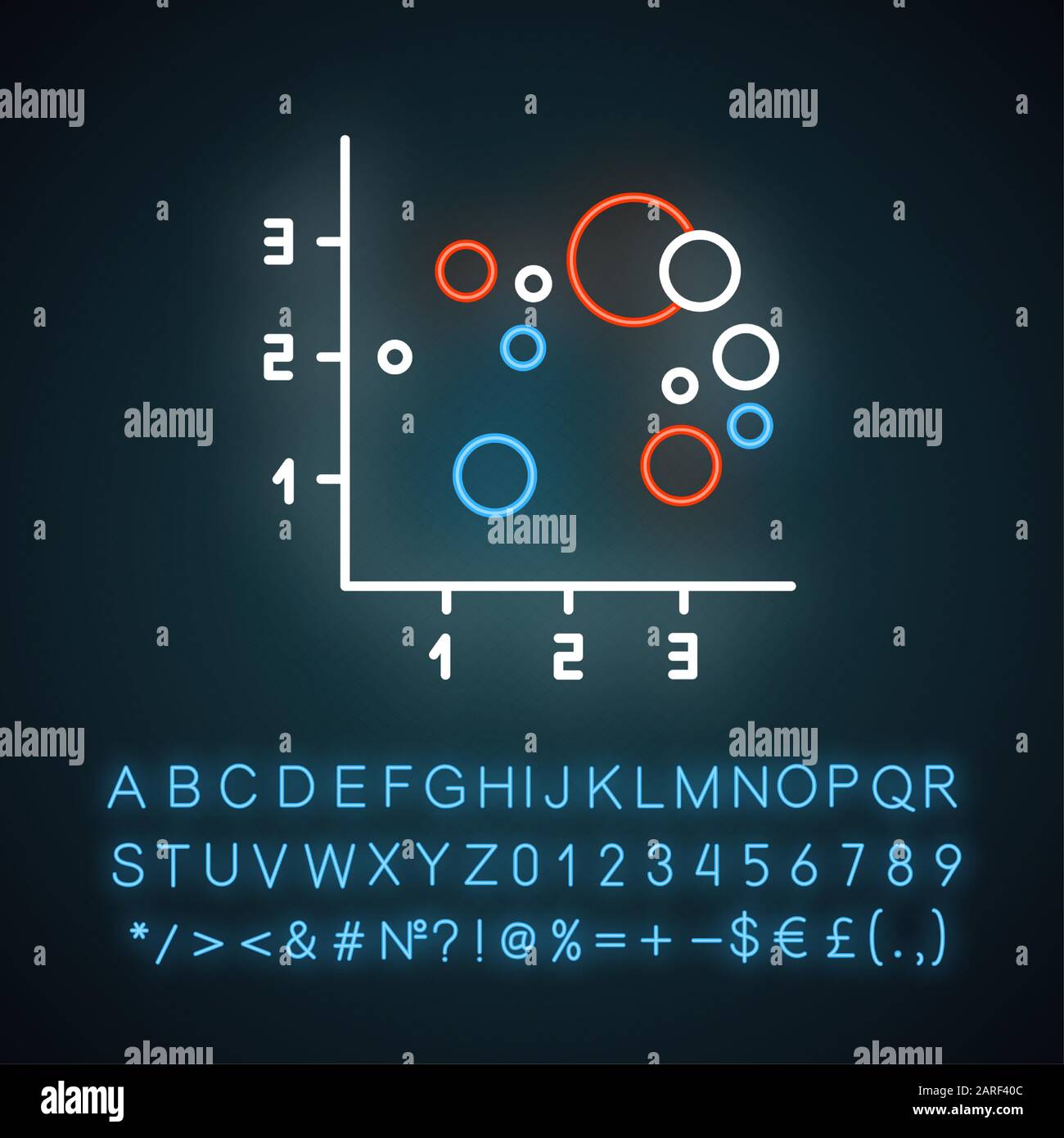 Symbol für Neonlicht mit Blasendiagramm. Streudiagramm. Präsentation zur Integration von Informationen. Darstellung der Interaktion von Segmenten. Marketing. Leuchtendes Zeichen mit Alphabet, Stock Vektor