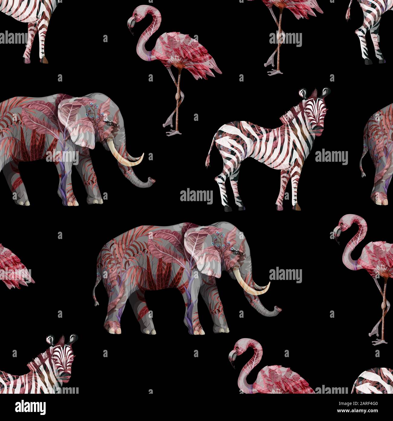 Nahtloses Muster mit wilden Tieren wie Elefanten, Zebra und Flamingo. Vektor. Stock Vektor