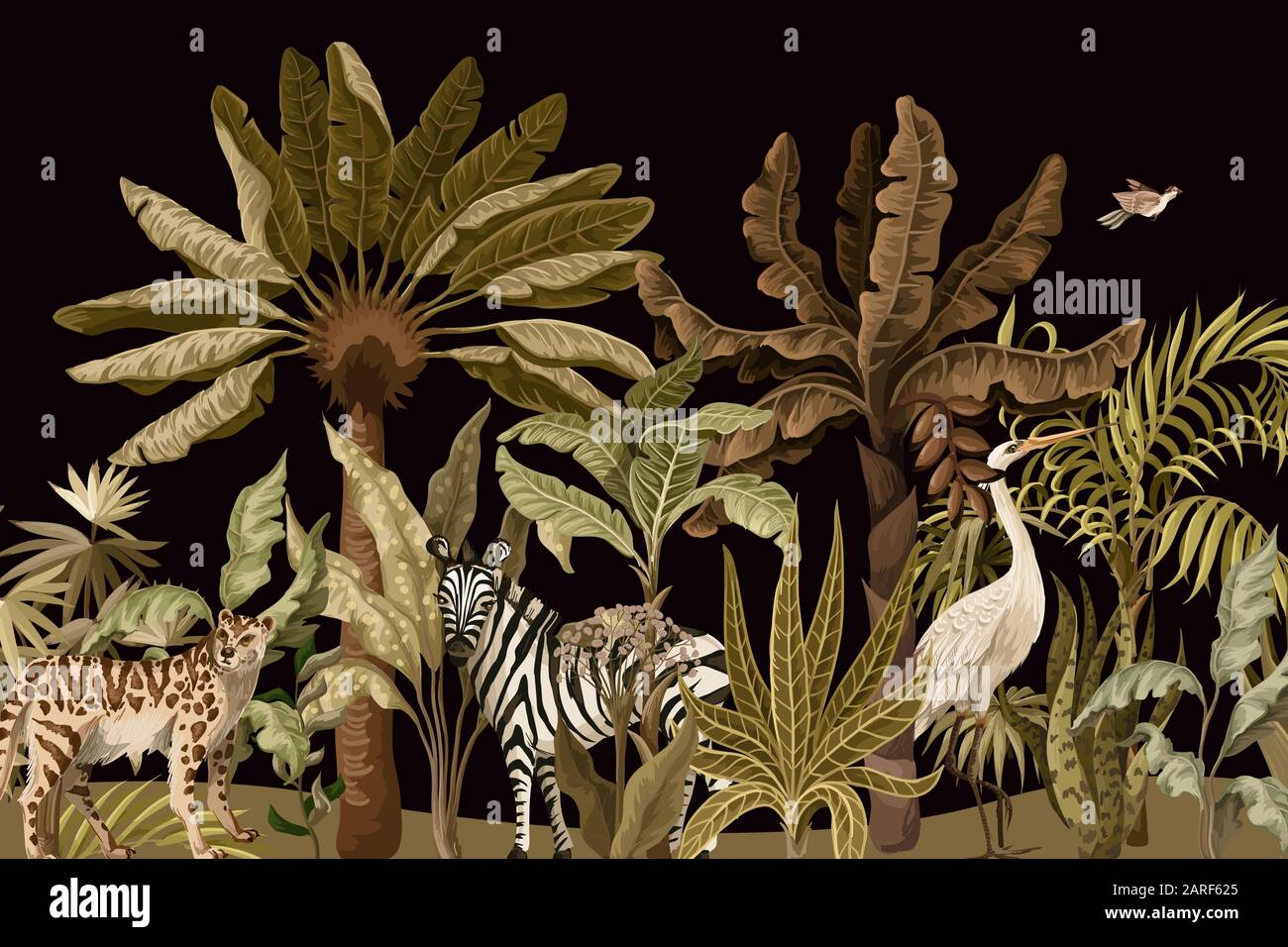 Grenze zu Dschungelbäumen und Wildtieren. Vektor. Stock Vektor