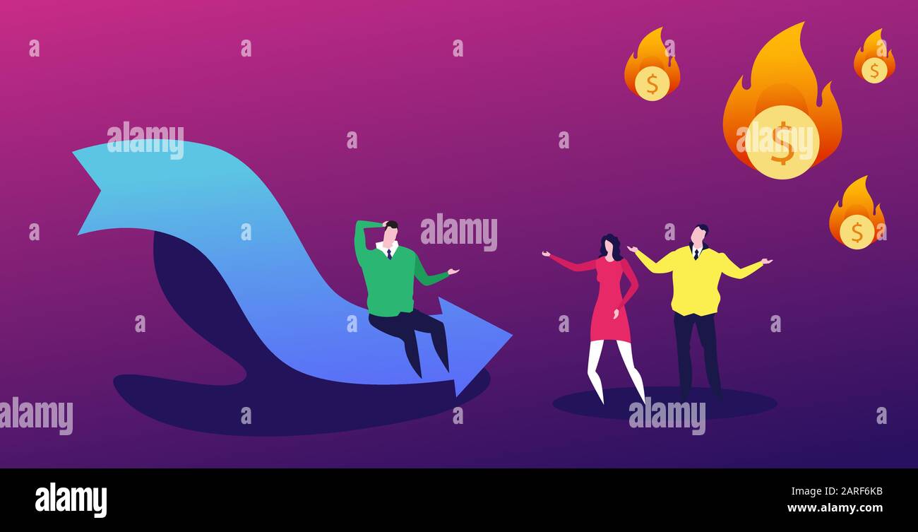 Stressige Geschäftsleute frustriert darüber, dass das flammende Dollarsymbol nach unten fällt Wirtschaftspfeil nach unten Diagramm Finanzkrise bankrotten Investitionsausfall Risikokonzept volle Länge horizontale Vektorgrafiken Stock Vektor