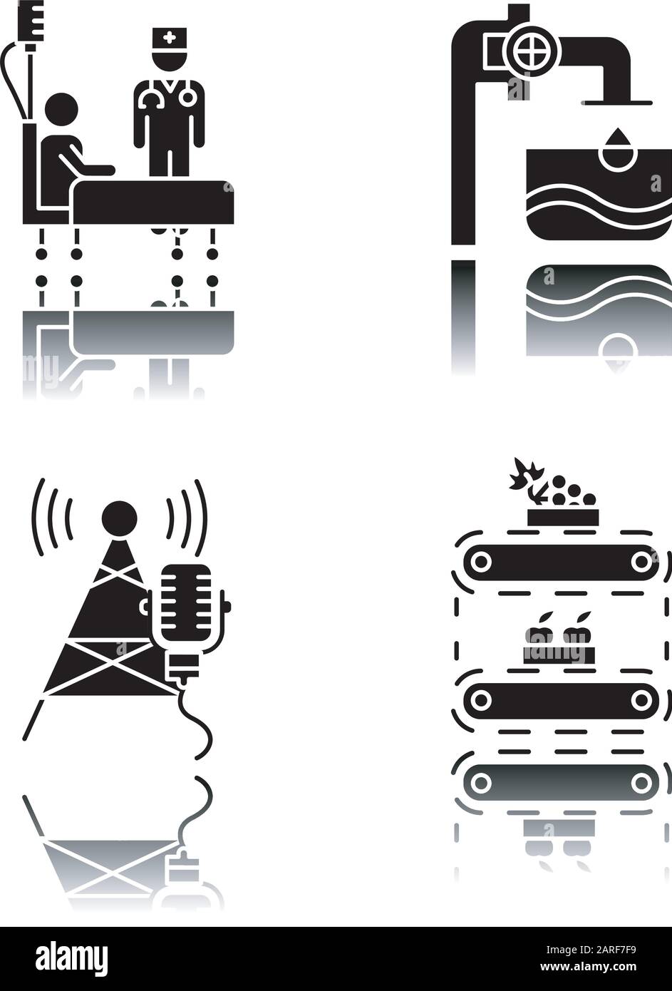 Branchentypen Schlagschatten schwarze Glyphe Symbole gesetzt. Gesundheitswesen. Wasserversorgung. Rundfunk, Telekommunikation. Obstversorgung. Klinik, medizinisch he Stock Vektor