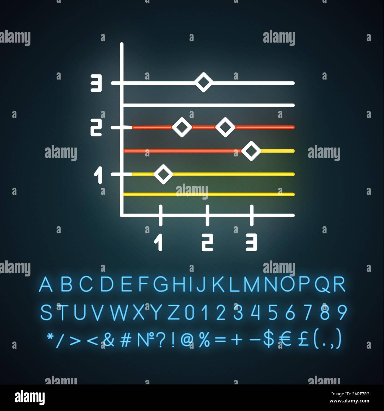 Symbol für Neon-Licht in Punkt- und Figurendiagrammen. Informationsdiagramm. Geschäftsdiagramm. Streudiagramm. Handel. Marketing. Leuchtendes Zeichen mit Alphabet, Zahlen Stock Vektor
