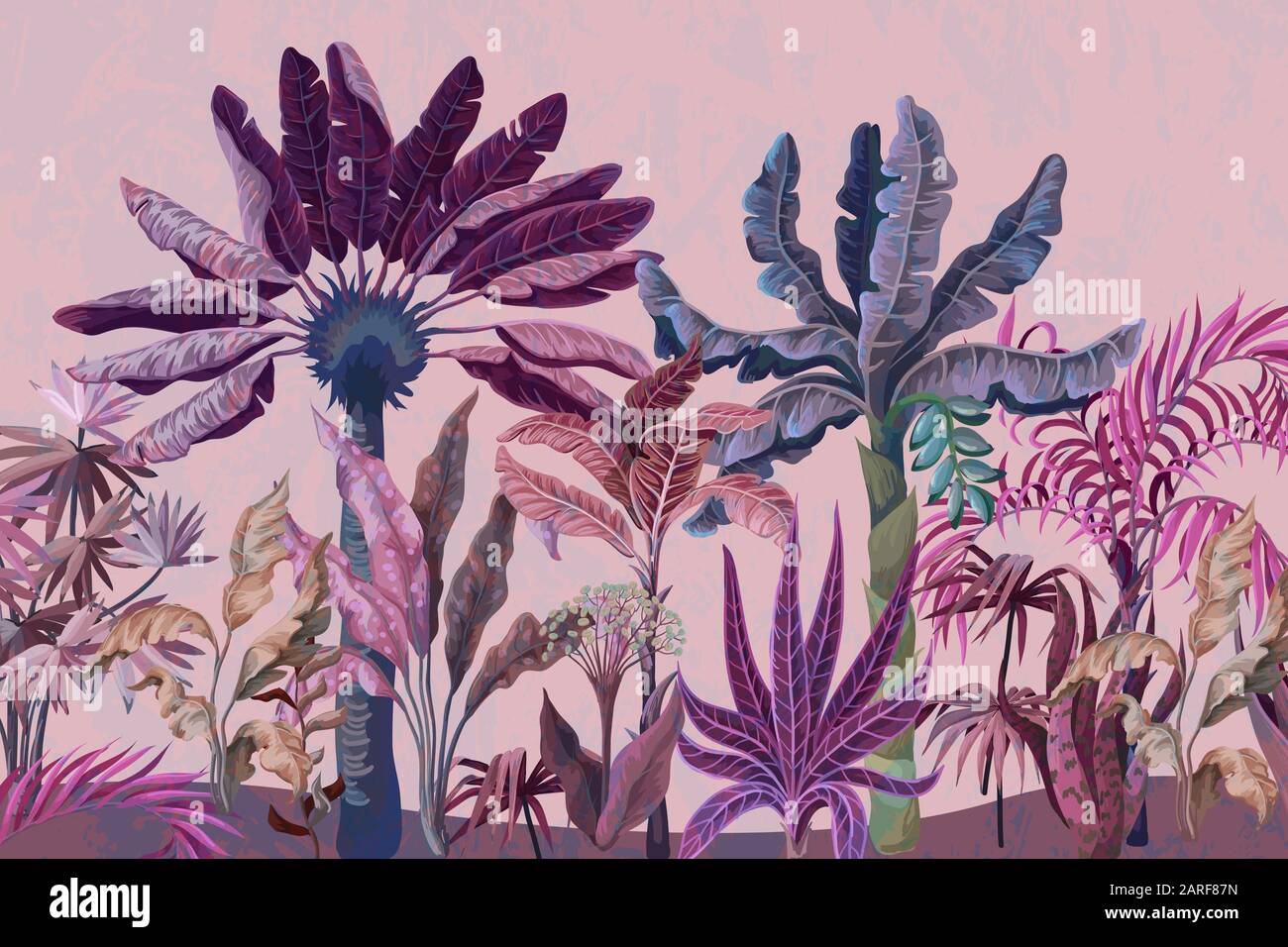 Grenze zu Dschungel, Palmen, Bananen und anderen in rosa Farbe. Stock Vektor