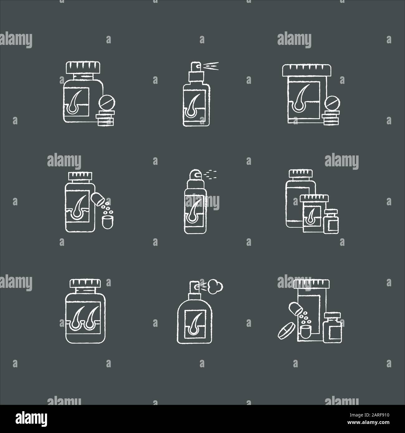 Haarausfall Kreide weiße Symbole auf schwarzem Hintergrund. Arzneimittel für Alopezie. Vitaminpräparate zur Unterstützung der Haarverdünnung. Medizinische Pillen, Glatze sprühen Stock Vektor