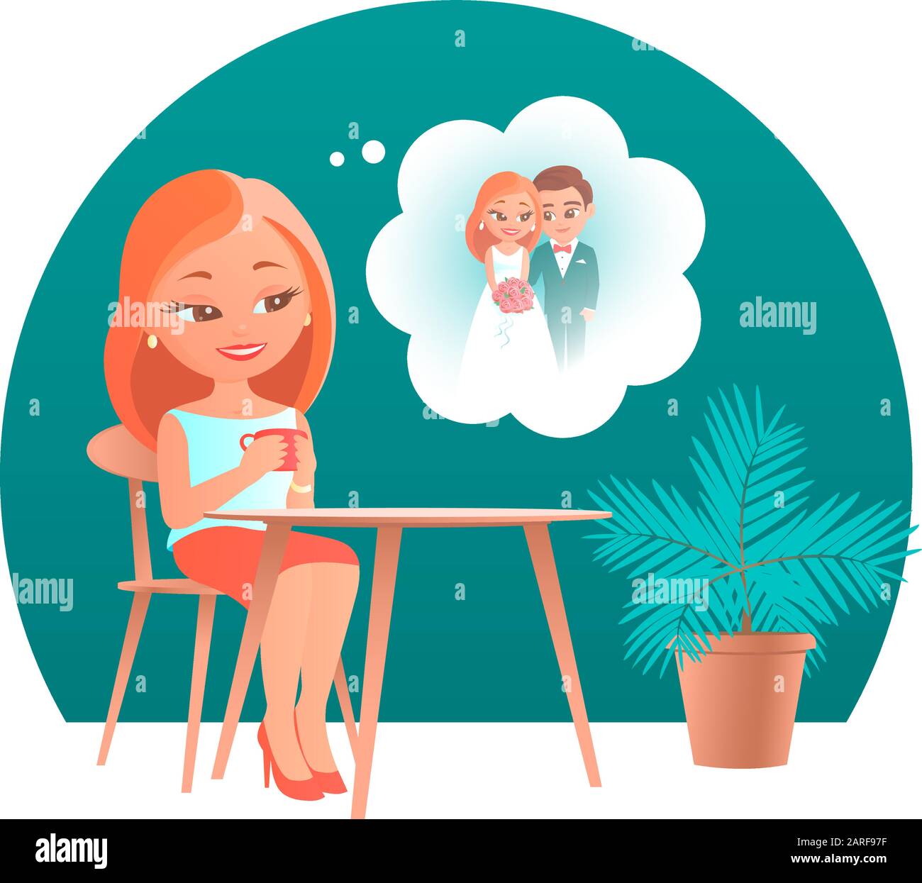 Süßes Cartoon-Mädchen, das an einem Tisch in einem Café sitzt. Er träumt von seiner zukünftigen Hochzeit mit seiner Geliebten. Vektor romantische Illustration. Stock Vektor