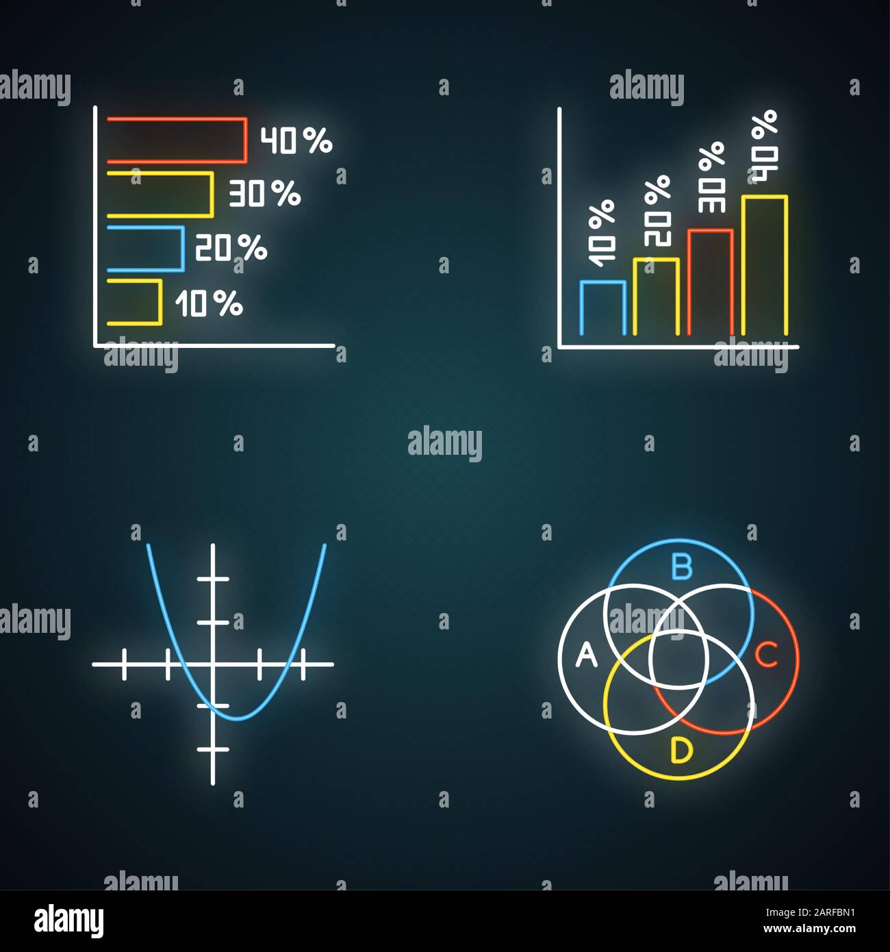 Symbole für die Neonbeleuchtung auf der Karte und in der Grafik festgelegt. Horizontales und vertikales Histogramm mit Zinssätzen. Funktionskurve. Venn-Diagramm. Trigonometrie. Geschäft. Glo Stock Vektor