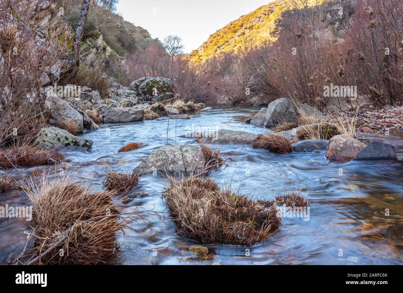Der Fluss Estena fließt im Winter. Boqueron de Estena Wanderroute im Nationalpark Cabaneros, Spanien. Stockfoto