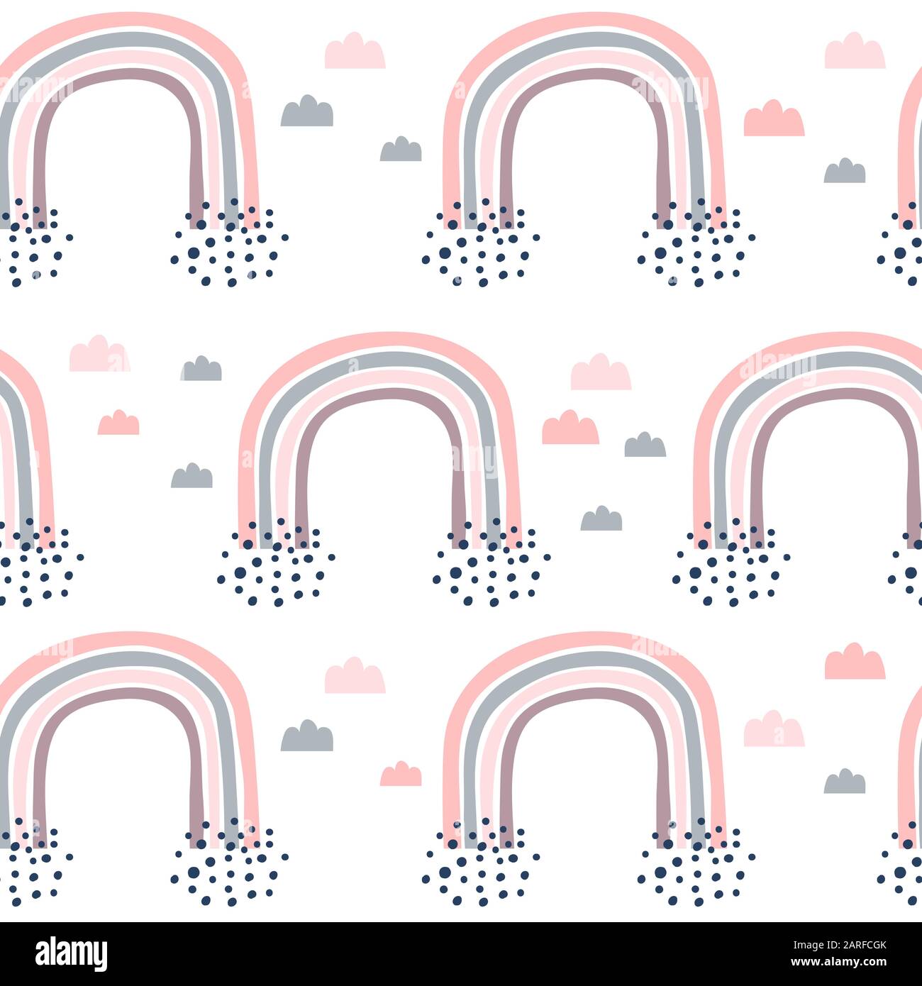 Kindliches, nahtloses Muster mit handgezeichneter Regenbogenform und Punkten Stock Vektor
