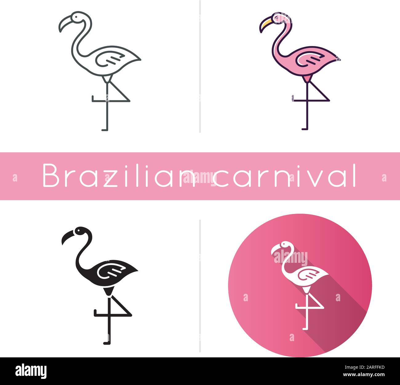 Flamingo-Symbole festgelegt. Lineare, schwarze und RGB-Farbstile. Exotischer Wildvogel. Tropische Kreatur. Tierwelt. südamerikanischer Lebensraum. Isolierter Vektor illustrr Stock Vektor