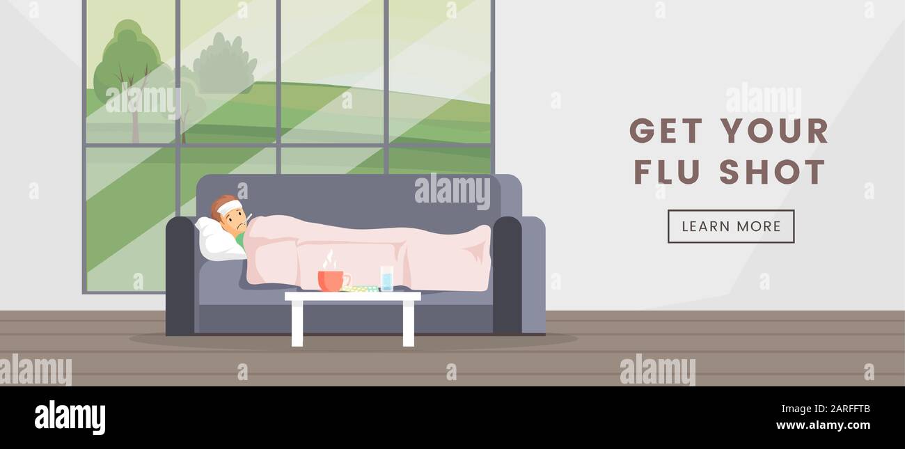 Holen Sie sich Ihre Vorlage für die Grippeshot-Webseite. Vireninfektion Prävention, Immunisierung Webbanner Konzept, medizinische Dienstleistungen Werbung Plakat Design. Ill People flache Vektorgrafiken mit Typografie Stock Vektor
