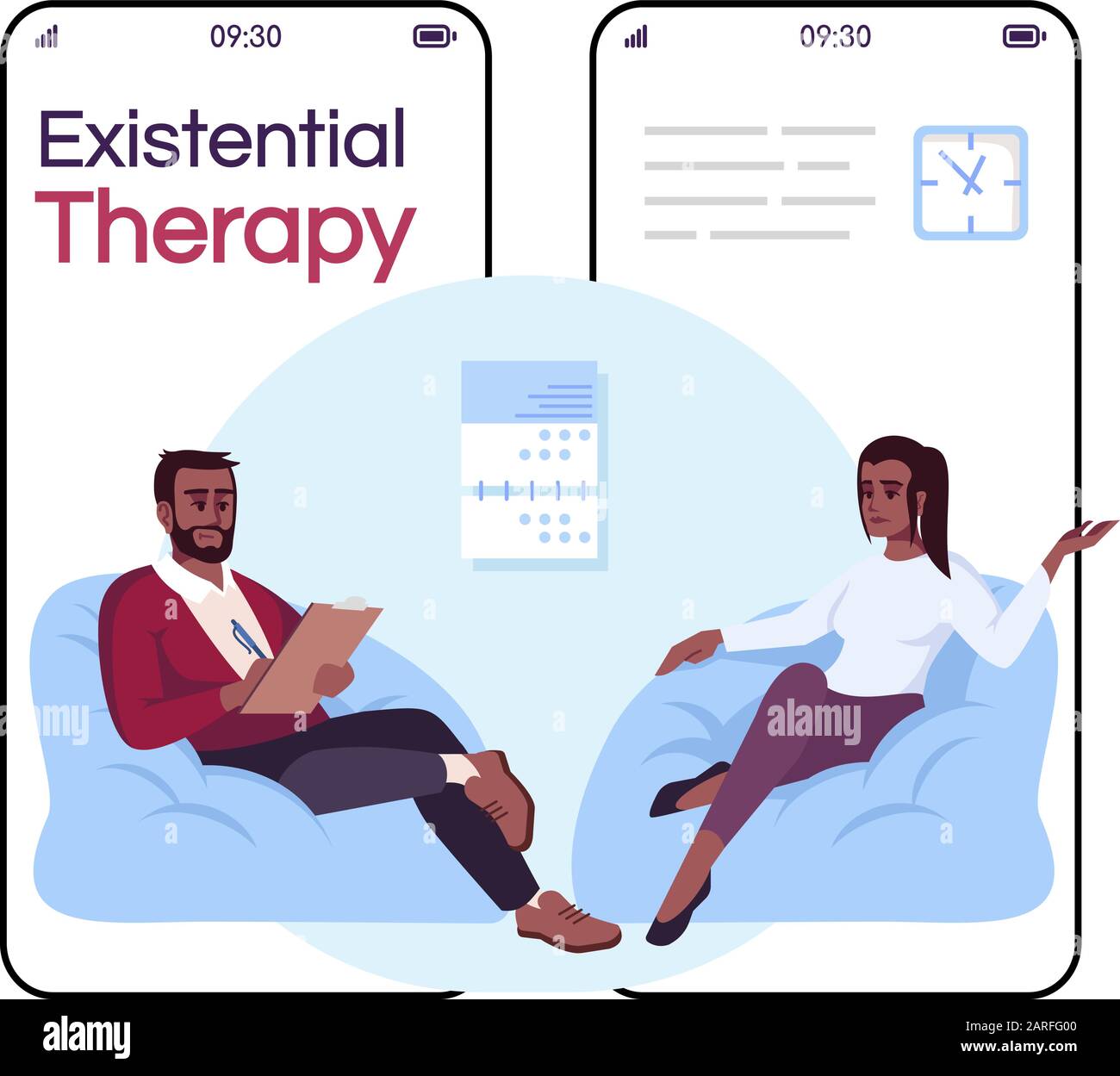 Existentielle Therapie Cartoon Smartphone Vector App-Bildschirm. Psychologieberatung. Sprechtherapie. Handydisplay mit flachem Zeichendesign Mocku Stock Vektor