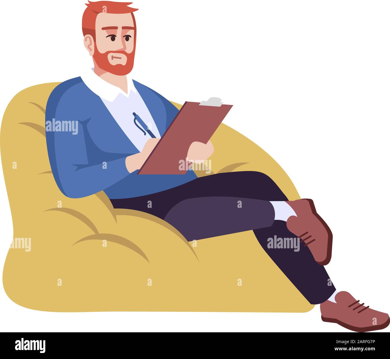Mann in Sack Sessel halb flach RGB-Farbvektor-Illustration. Kerl, der Notizen nimmt. Geschäftsmann mit Zwischenablage. Psychologe. Psychologieberatung. Iso Stock Vektor